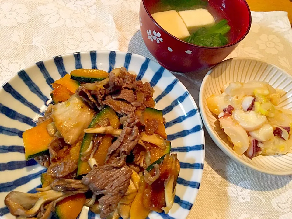 南瓜と牛肉の甘辛炒めとタコの酢味噌|ともえさん