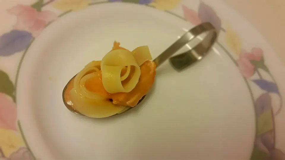 a perfect spoon of fish:
selfmade noodles with shortly grilled salmon with Cognac Cream Tomatoe sauce|Najeskaさん