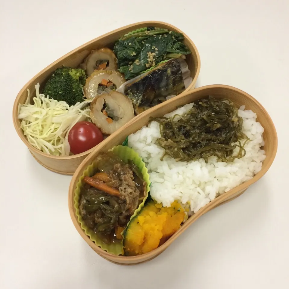 弁当（鶏肉野菜巻き、鯖西京焼、ほうれん草胡麻和え、サラダ、プルコギ風焼肉、南瓜、明太昆布）|SasaMasa213さん