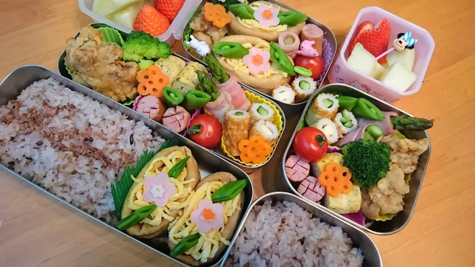 3月15日いなり寿司と唐揚げ&アスパラベーコン弁当|あけみさん