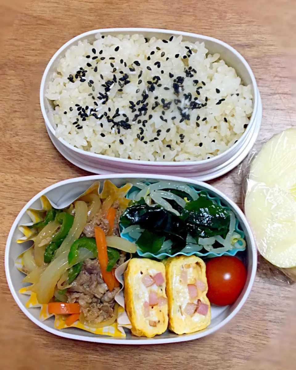 Snapdishの料理写真:今日のお弁当#プルコギ#ベーコン入たまご焼き#もやしとワカメのナムル#リンゴ|ぴのさん