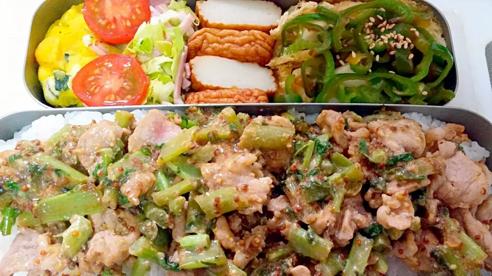 Snapdishの料理写真:豚肉と大根葉のマスタード炒め丼|まみみさん