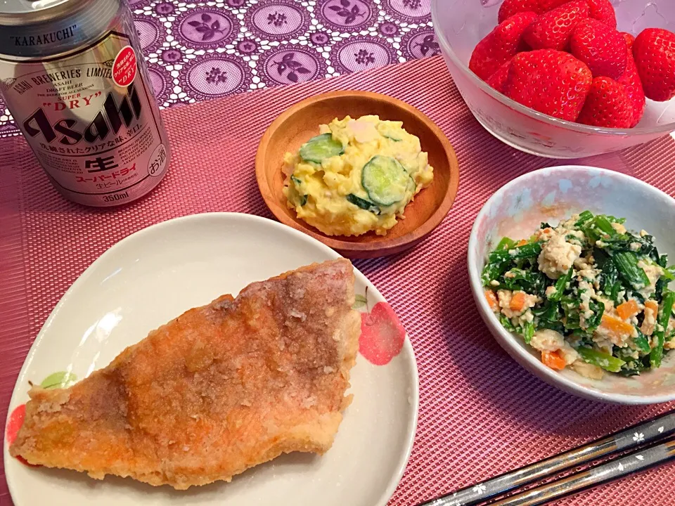 赤魚の唐揚げ、ほうれん草の白和え、ポテトサラダ(インカのめざめ)|Kasumiさん