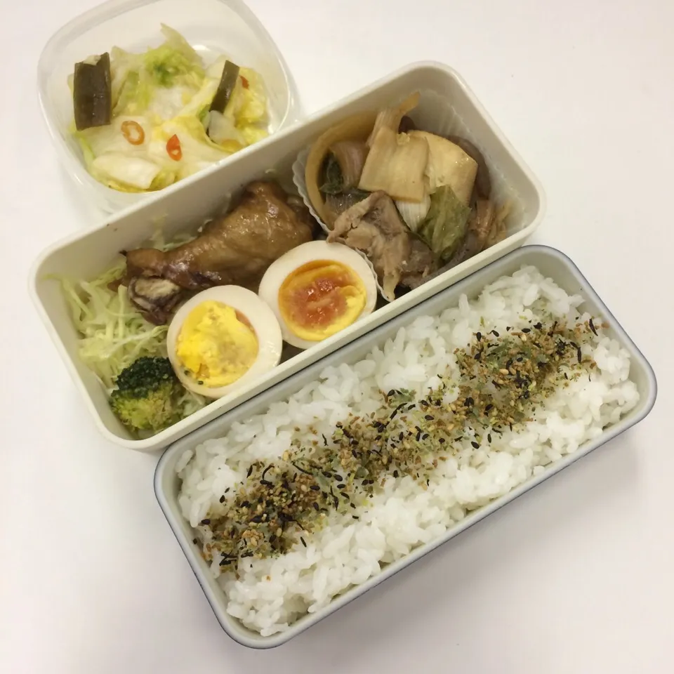 弁当（肉豆腐、鶏手羽元、煮玉子、サラダ、ふりかけ、白菜浅漬け）|SasaMasa213さん