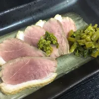 Snapdishの料理写真:鴨ローストわさび菜のせ|Junko Uchiyamaさん