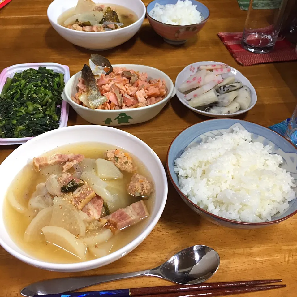 新玉スープ、鮭、菜の花の辛子和え、生姜天、白天*\(^o^)/*|すかラインさん