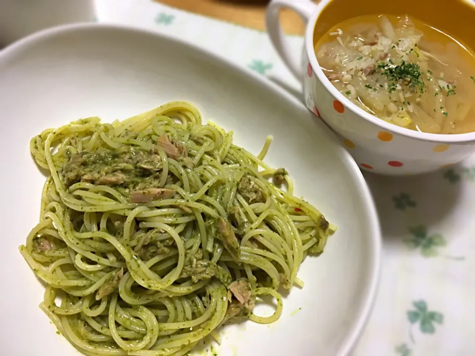 ツナジェノベーゼ、白菜と玉ねぎのスープ|こいちさん