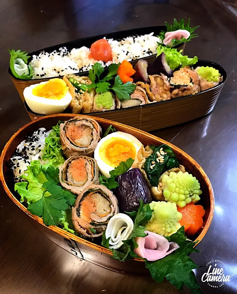 今日の2人のお弁当🍱♫ 週末恒例お片付け弁当🍱💕Tomoko Itoさんの料理 エノキとニンジンの明太子炒め💕お肉で巻いちゃいました‼️|とんちんさん