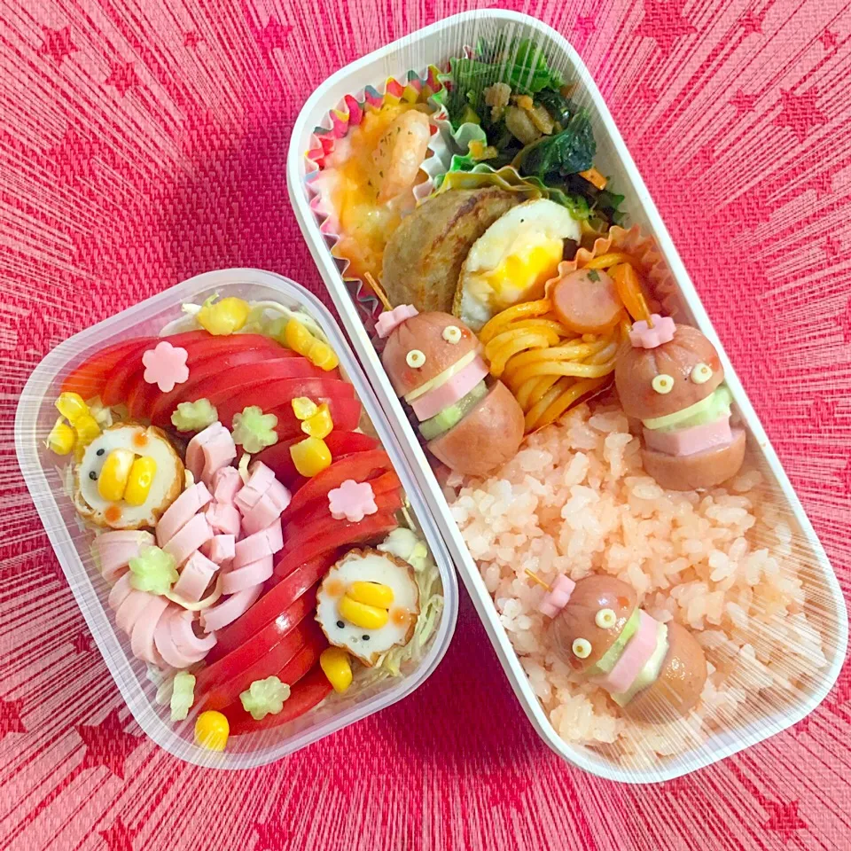 #娘弁当#ウィンナーバーガー#サラダ#トマト#明太子ご飯#ハンバーグ#うずらの卵#目玉焼き|たらこ姫さん