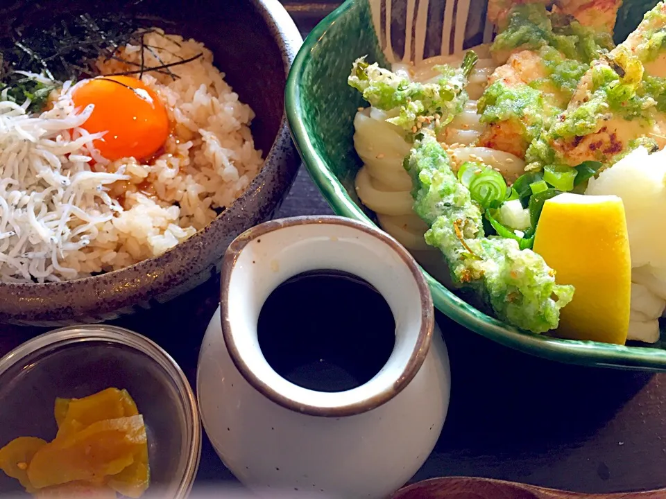 新あおさの磯辺天ぶっかけうどんと卵黄漬けシラス丼|buhizouさん