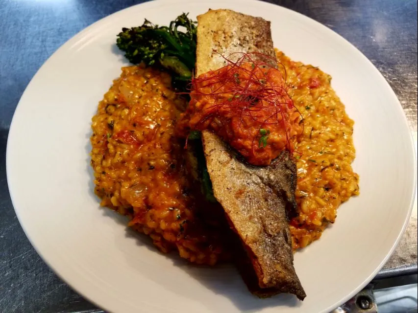 Pan Seared Rainbow  Trout  with Grilled Broccolini and  served  over Roasted Red Pepper  and Sun Dried Tomato  Rissoto...|chef Charlesさん