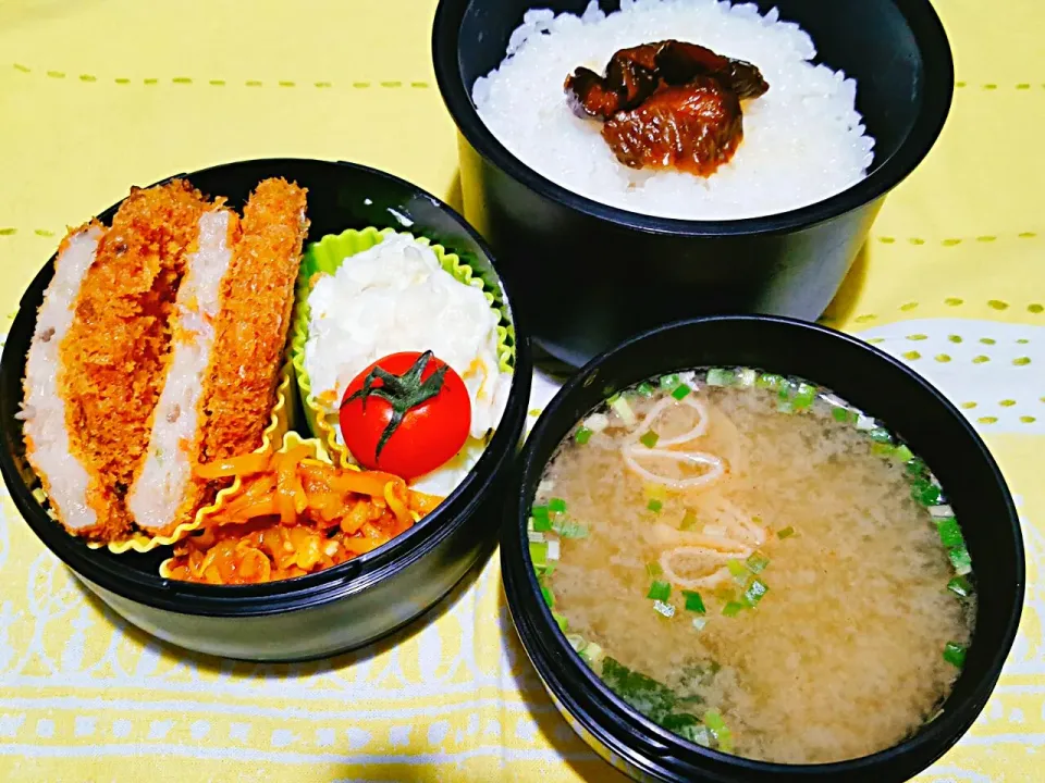 Snapdishの料理写真:お弁当。ポテトサラダとカレーもやしと牛すじフライとお味噌汁。|エリカさん