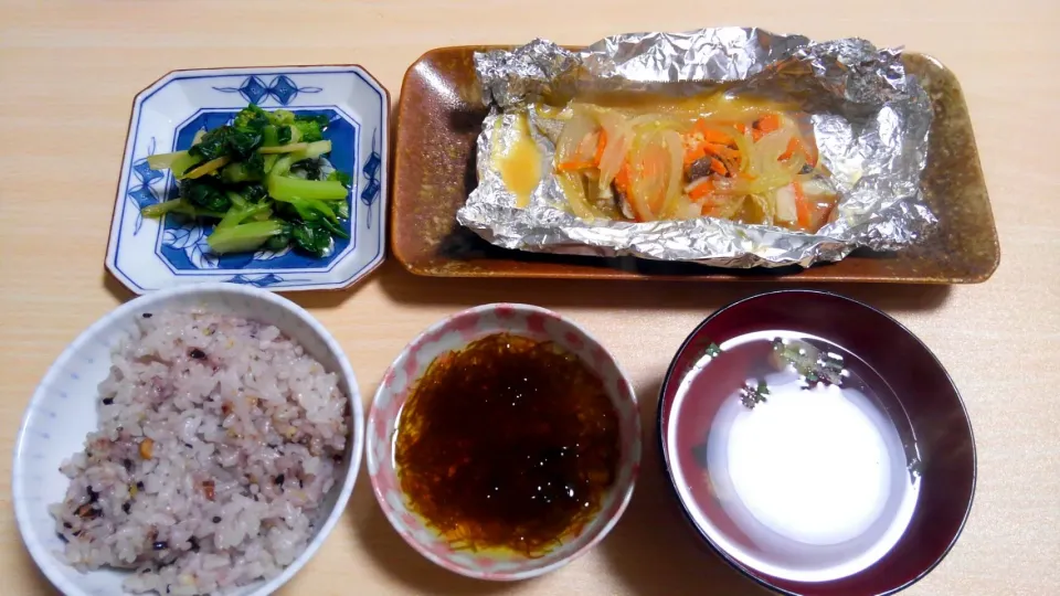 ３月１５日　鱈のホイル焼き　もずく　菜の花のおひたし　お吸い物|いもこ。さん