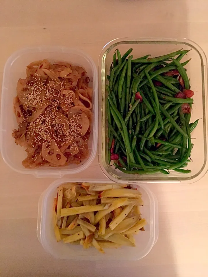 Renkon kinpira
Green beans and bacon
Sweet potato sticks|Keicsさん