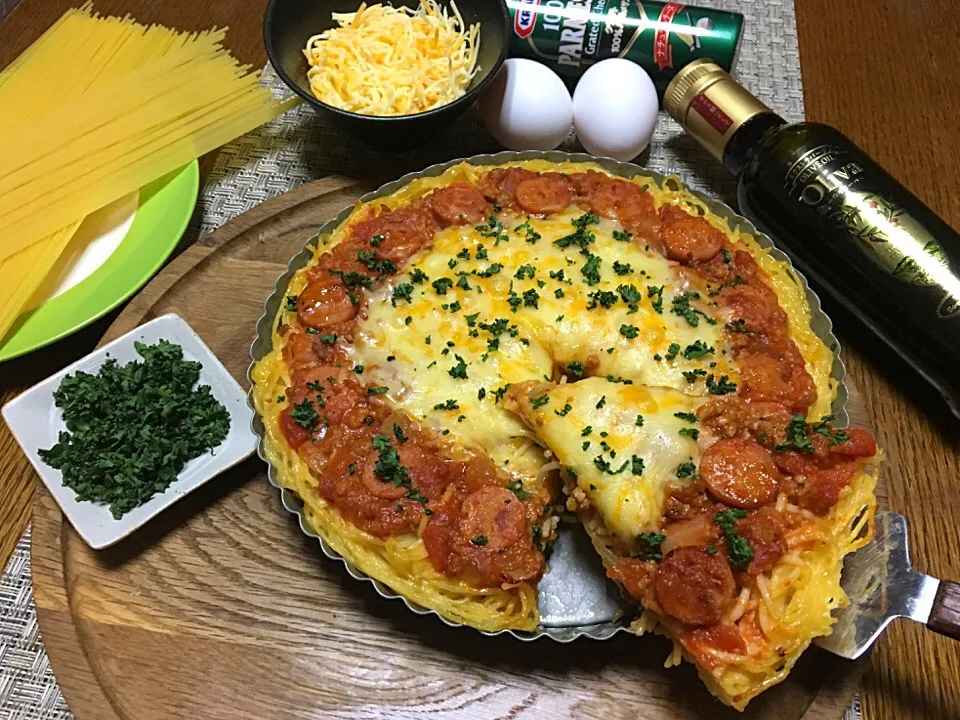 ✨SPAGHETTI PIE...スパゲッティパイ🍝簡単 レンジでtomato  sauce～🎵Yumi さん、サンキュー！💕✨😊|🌺Sanntina🌺さん