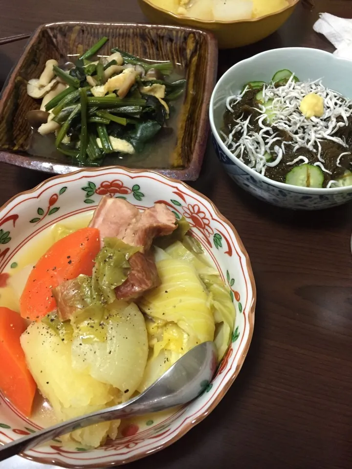 Snapdishの料理写真:3月19日晩ご飯。和風ポトフ、ほうれん草の煮浸し、もずく酢。|あやさん