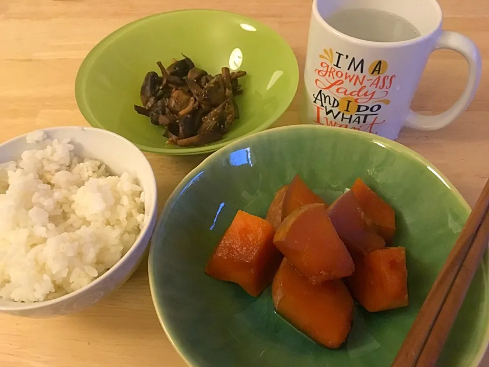 マッシュルームガリバタ醤油炒め かぼちゃの煮物|りんごさん