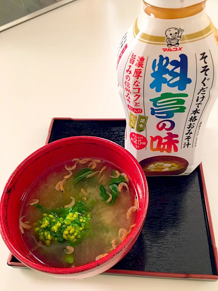 Snapdishの料理写真:SnapDishさま マルコメさまありがとうございました。液みそ料亭の味で菜の花とあみエビのお味噌汁作りました。|プクママさん