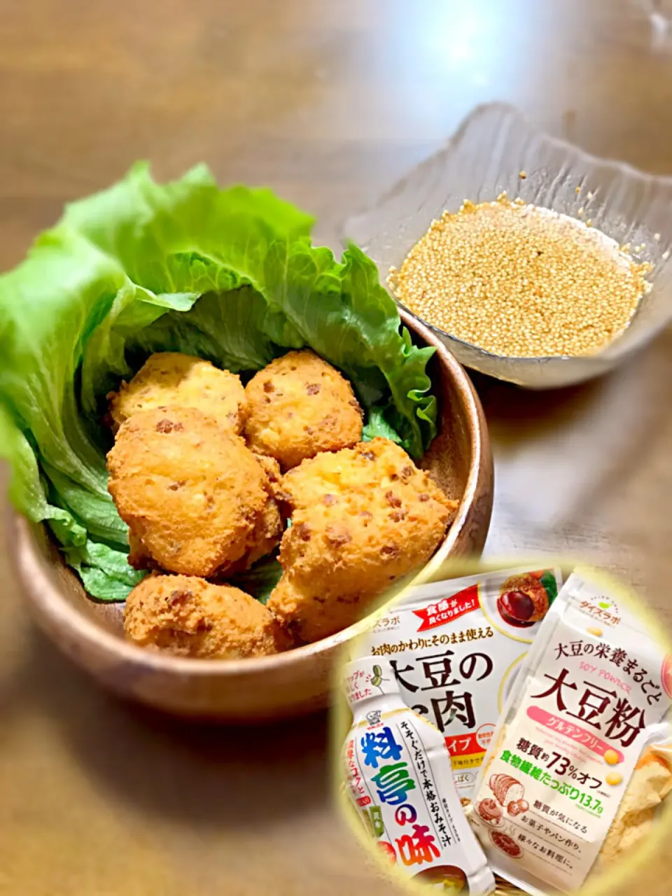 ダイズラボ♪大豆のお肉ミンチ&大豆粉でナゲット風🌼液みそ料亭の味使用の味噌ダレで😋|パパパ♪さん