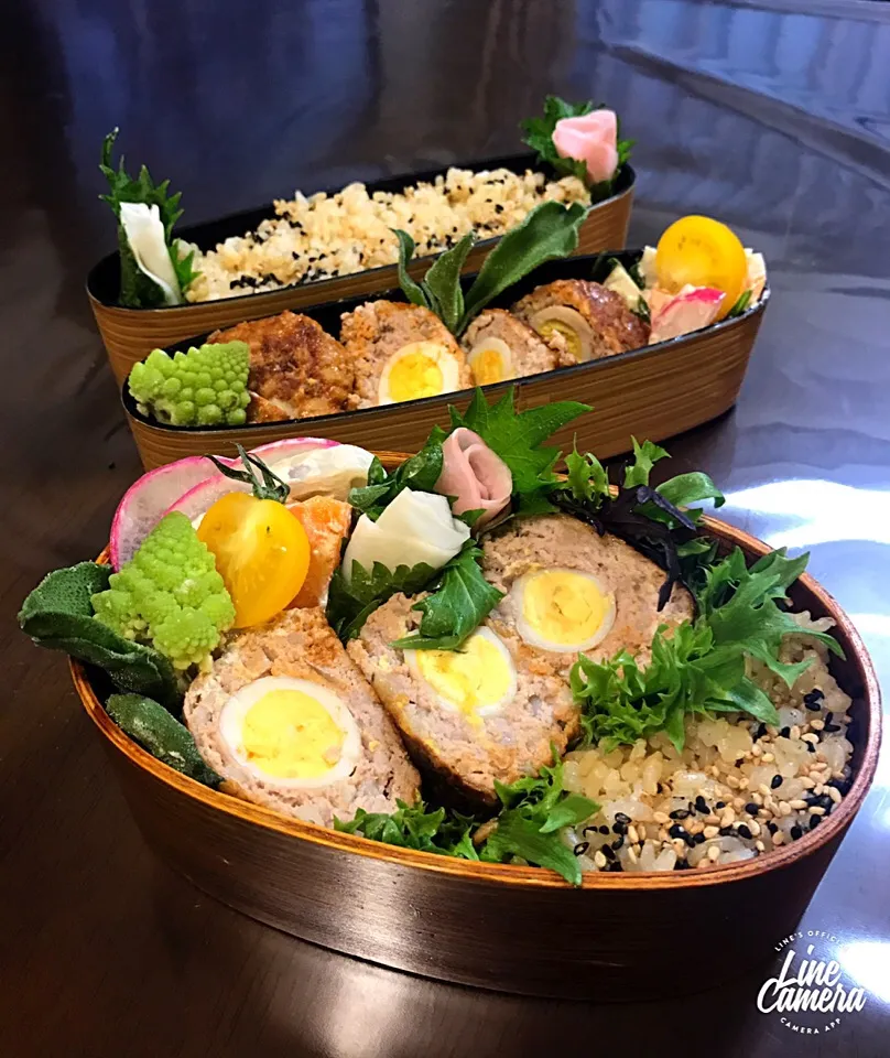 Snapdishの料理写真:今日の2人のお弁当🍱もち麦入スコッチエッグ🐣マダム とんちんさんの料理 もち麦入り肉団子🎵 モチモチの食感|とんちんさん