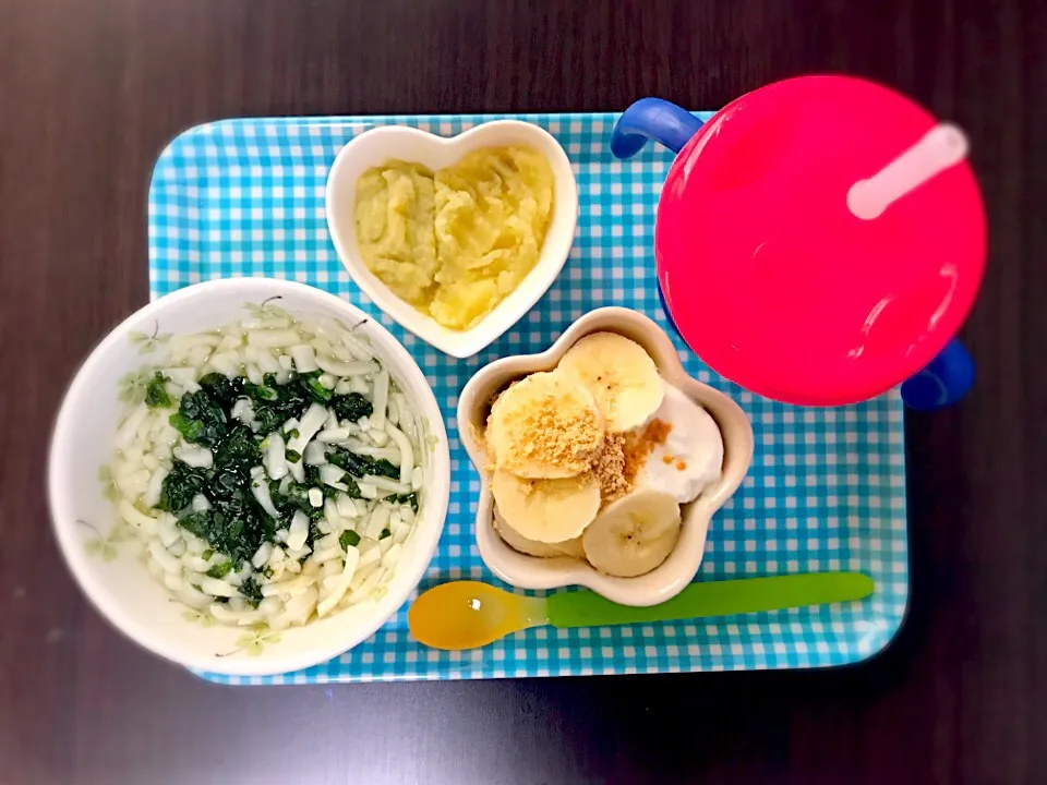 Snapdishの料理写真:3/21❁息子離乳食①DAY77
小松菜だしうどん 大さじ8
BF白身魚と緑黄色野菜ペースト 大さじ1
さつまいも 大さじ1
バナナきなこヨーグルト🍌
(ヨーグルト大さじ2、バナナ1本)|つんさん