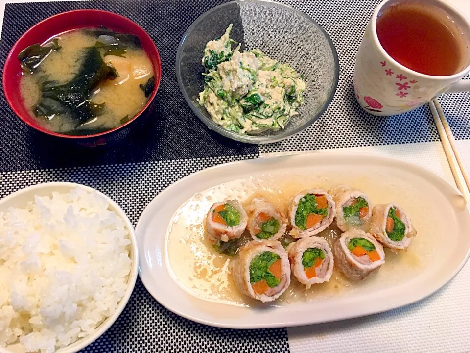 菜の花と人参と豚肉のみぞれ餡、白和え|りんこさん