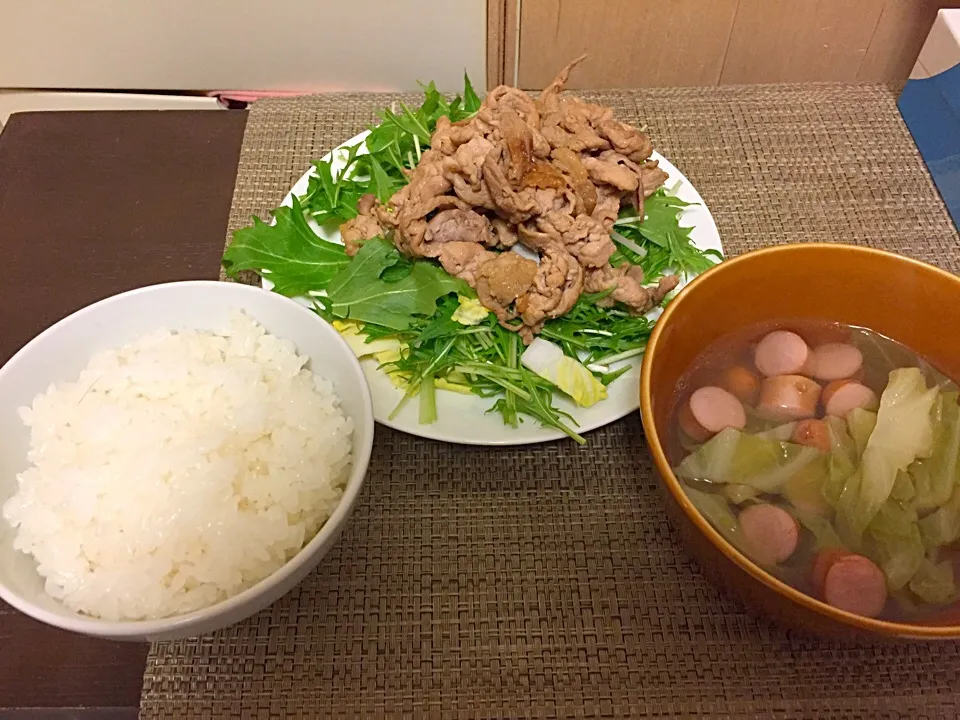 Snapdishの料理写真:豚肉の醤油炒めと白菜とウインナーの飲み物|たけしゃんさん