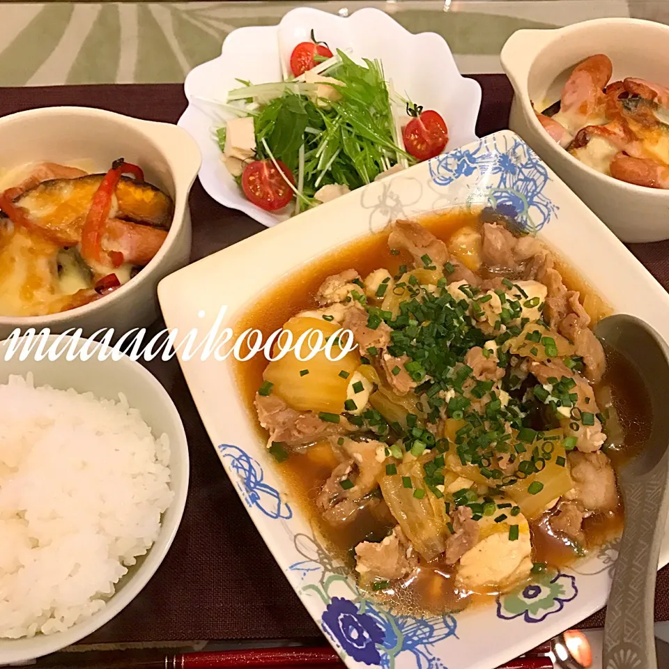 Snapdishの料理写真:肉豆腐✨ささみ水菜サラダ✨南瓜のマリネのチーズ焼き|マイコさん