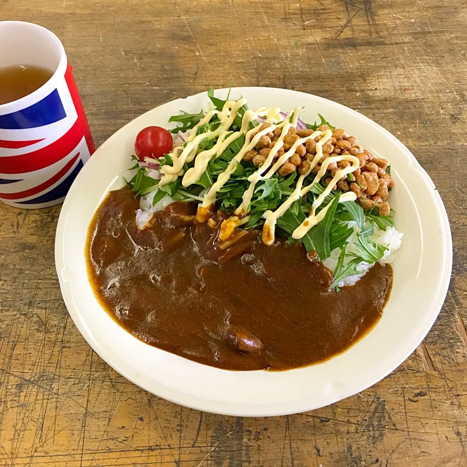 Snapdishの料理写真:研究室カフェ♬ (▰˘◡˘▰)☝︎ #昼ごはん #お昼ごはん #lunch #カレー #カレーライス #研究室カフェ #サラダ #納豆|Yoshinobu Nakagawaさん