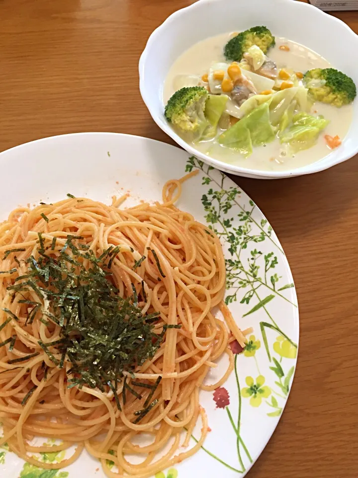 明太パスタとクラムチャウダー|たまきさん
