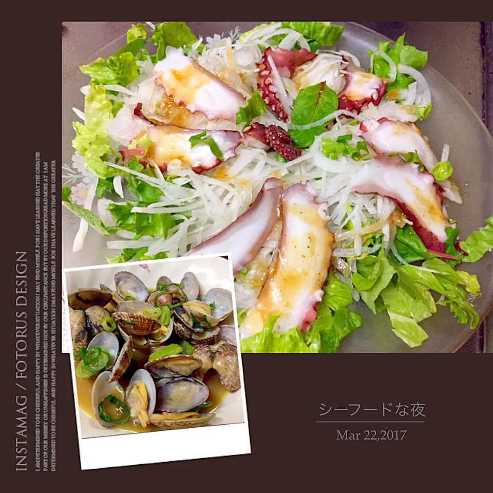 Snapdishの料理写真:タコのカルパッチョ🐙& アサリのバター醤油蒸し🐚|Hiroko Suzukiさん