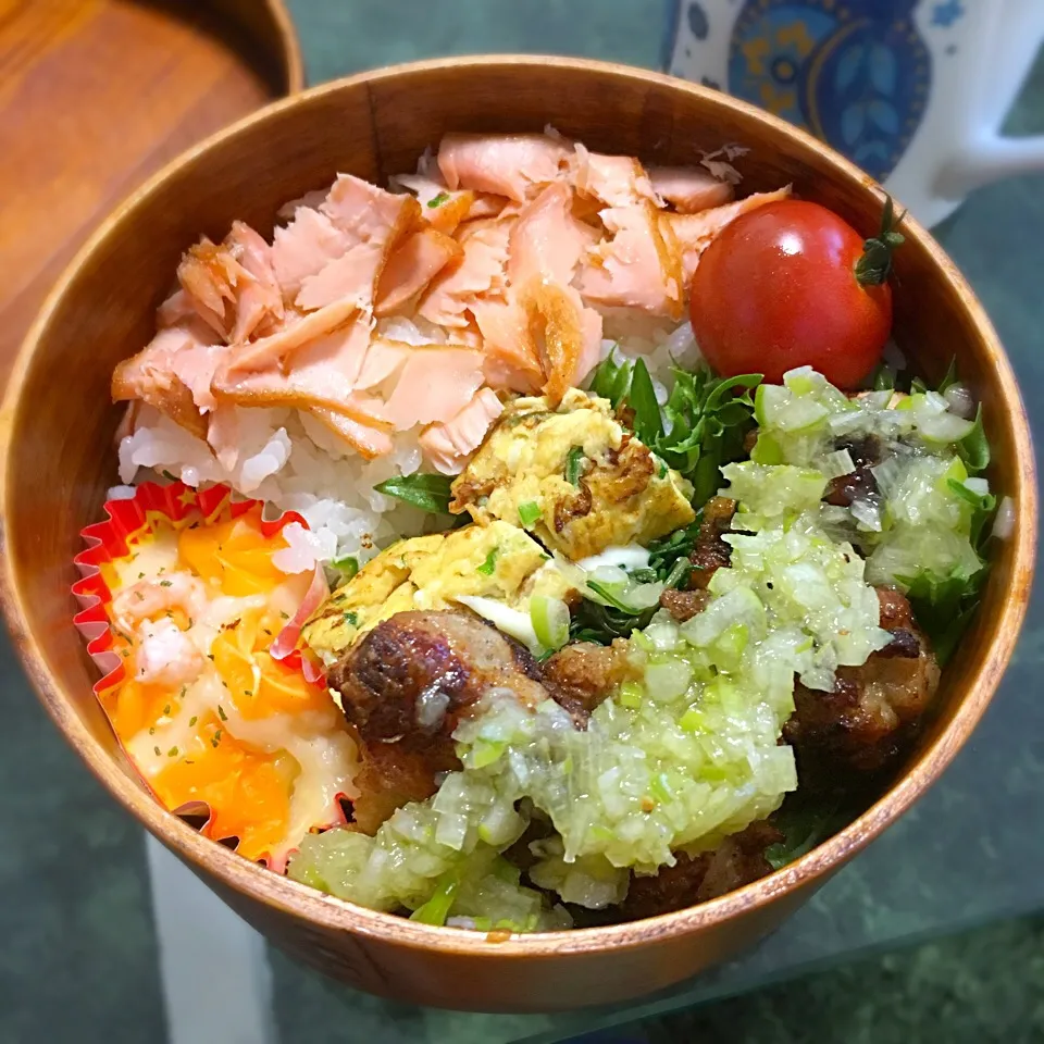 Snapdishの料理写真:ネギ塩だれの唐揚げと鮭の弁当！|夏蜜柑さん