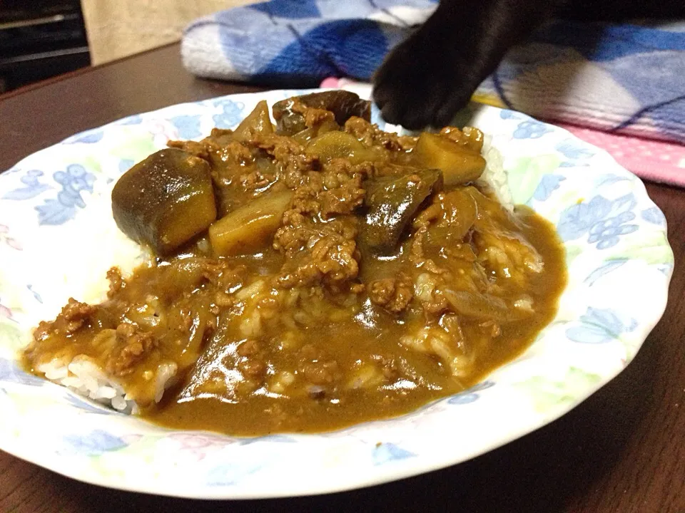 牛蒡と茄子のカレー＋ねこの手😅|こんこんさん