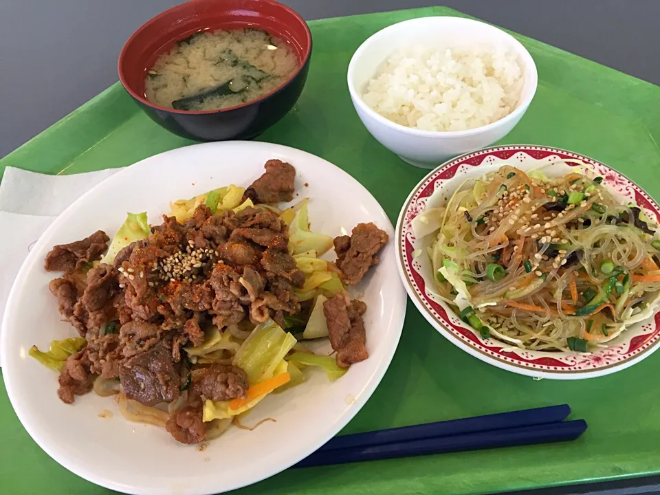 Snapdishの料理写真:牛肉のスタミナ焼肉、春雨とキャベツのサラダ|Tadahiko Watanabeさん