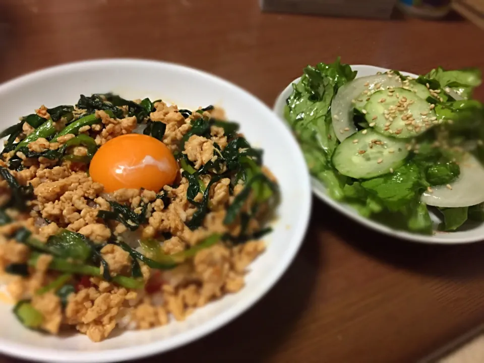 Snapdishの料理写真:・ニラと鶏そぼろのピリ辛スタミナ丼  ・グリーンサラダ|まるちゃんさん