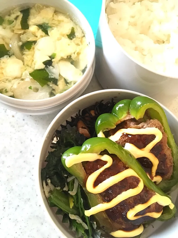 ピーマンの肉詰め、大豆とひじきの煮物、ほうれん草としらすの和え物、かきたま汁|hikari*さん