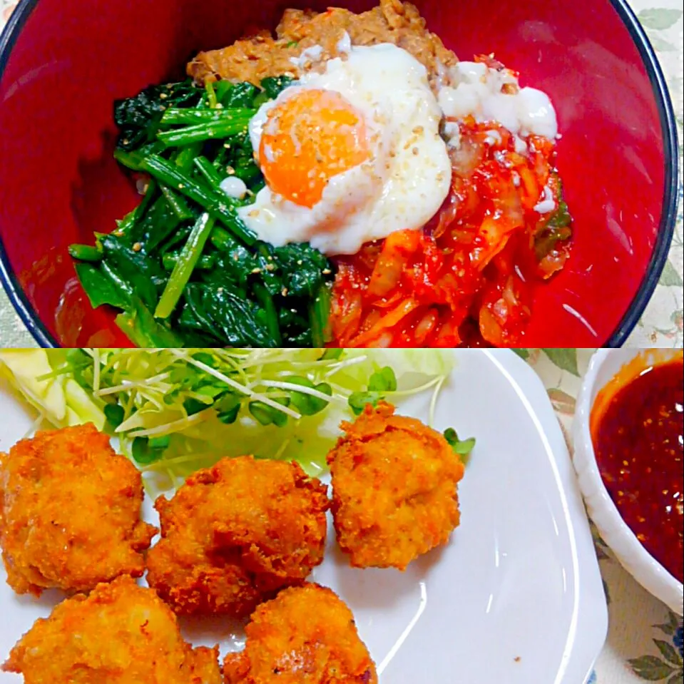 ツナのオイスターそぼろビビンバ風丼＆豆腐と鶏挽き肉のチキンナゲット|うたかた。さん