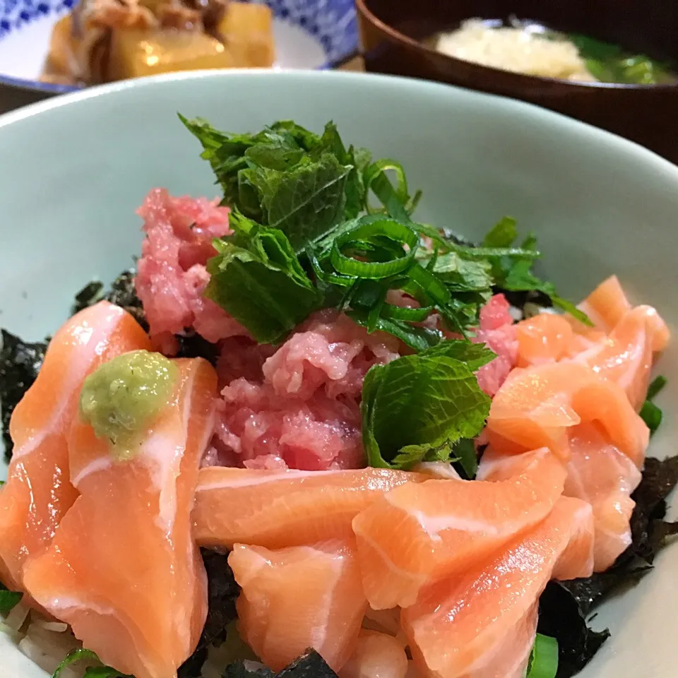 サーモンとネギトロ丼。ごくごくシンプル晩ご飯。#丼もの#手抜きご飯|かなた3120さん