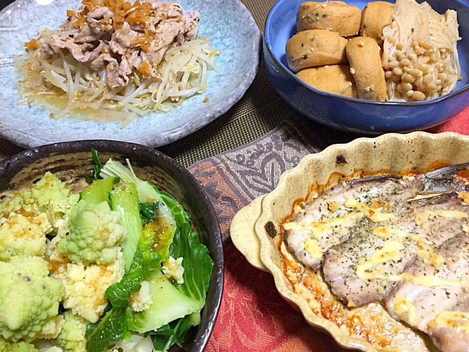 鰯のガーリック焼き・ロマネスコサラダ・がんもえのき茸煮物・茹で豚生姜たれ|Yuko Kisoさん