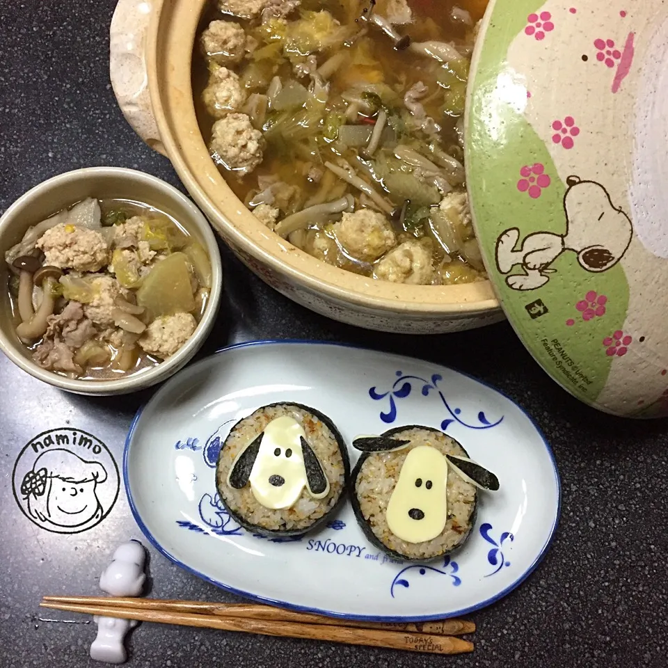 鶏団子ちゃんこ鍋&スヌーピーおにぎり|namimoさん