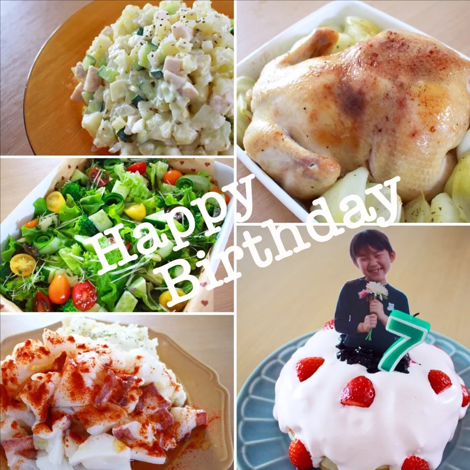 Snapdishの料理写真:今日の古川家はぴよ誕生祭♡♡♡
＊ローストチキン
＊本格派！タコのガリシア風
＊鶏ハム入り！ロシアンサラダ
＊カラフル野菜サラダ
＊イチゴたっぷり♡ドレス型ミルクレープ
他|料理研究一家「古川家」さん