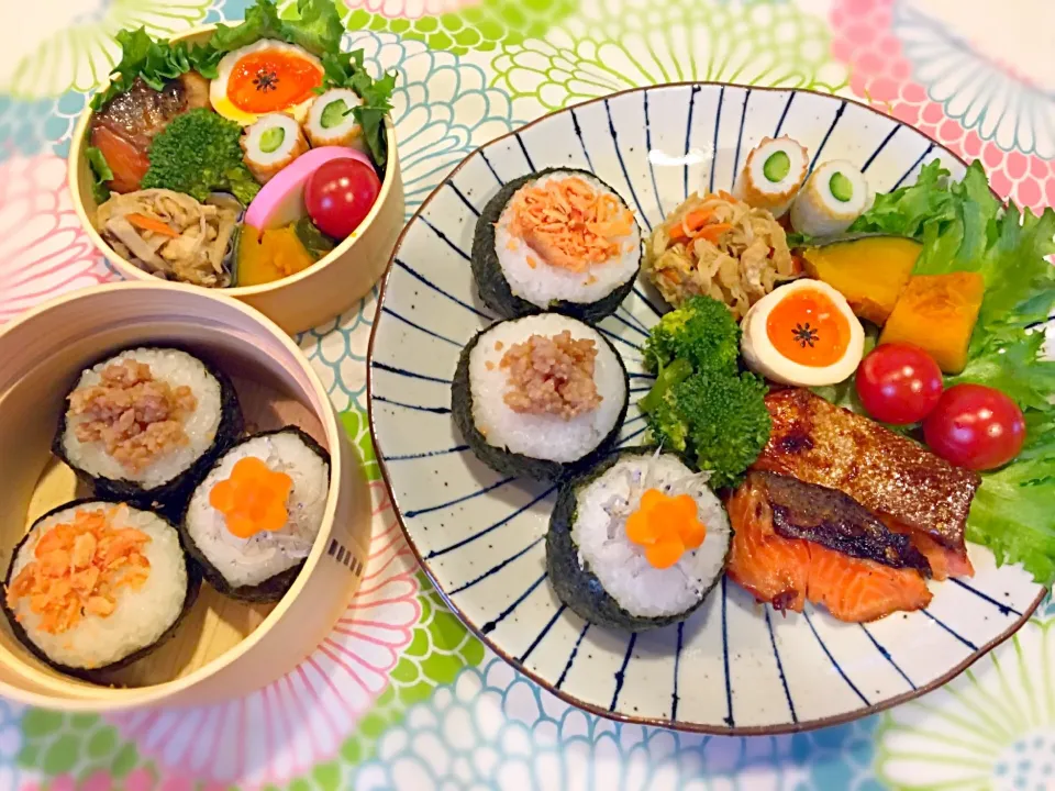 学童弁当＆置きランチ7日目🌸
鮭の照り焼きと、つくおき😋|なかじー。さん