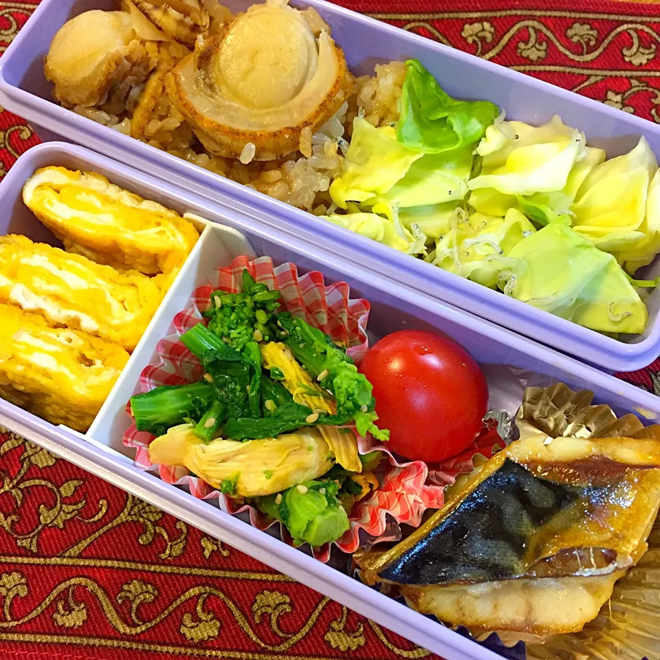 焼き鯖と菜の花と鶏ささみの辛子和えと帆立ご飯弁当|もえさん