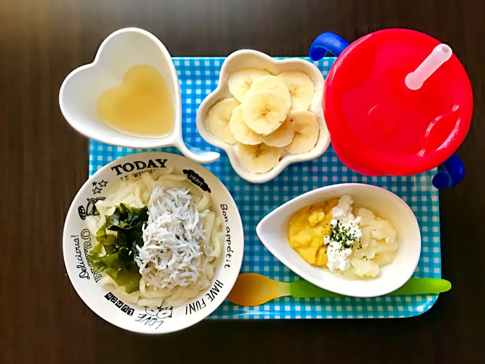 3/28❁息子離乳食①DAY84
しらすわかめうどん🐟
チーズコーンポテト🌽🧀🥔
バナナヨーグルト🍌
お味噌汁|つんさん