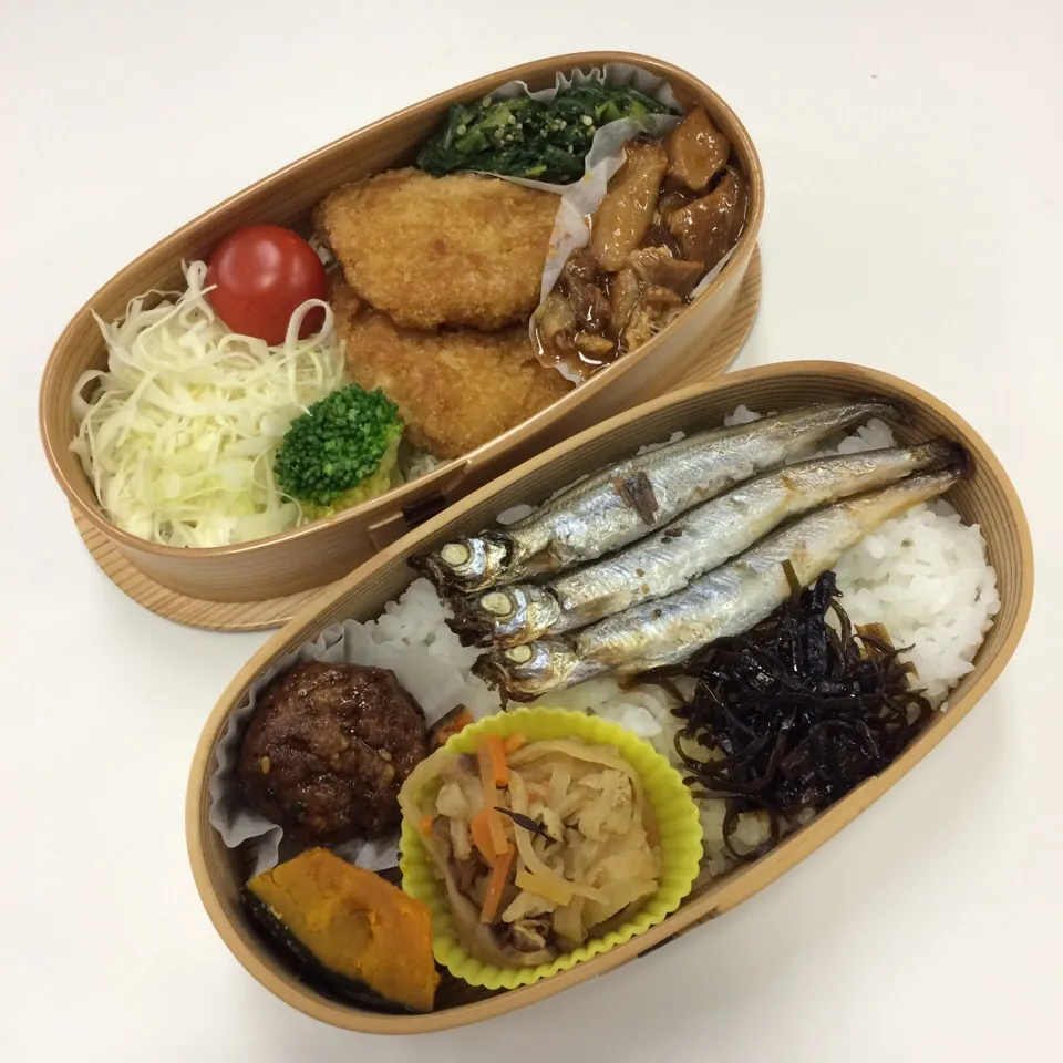 Snapdishの料理写真:弁当（ミニトンカツ、鶏肉ケチャップ炒め、春菊胡麻和え、サラダ、ししゃも、肉団子、かぼちゃ、切り干し大根、山葵昆布）|SasaMasa213さん