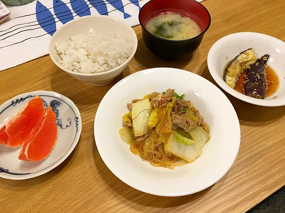 白菜と豚肉と春雨炒め
茄子の韓国風|まりさん