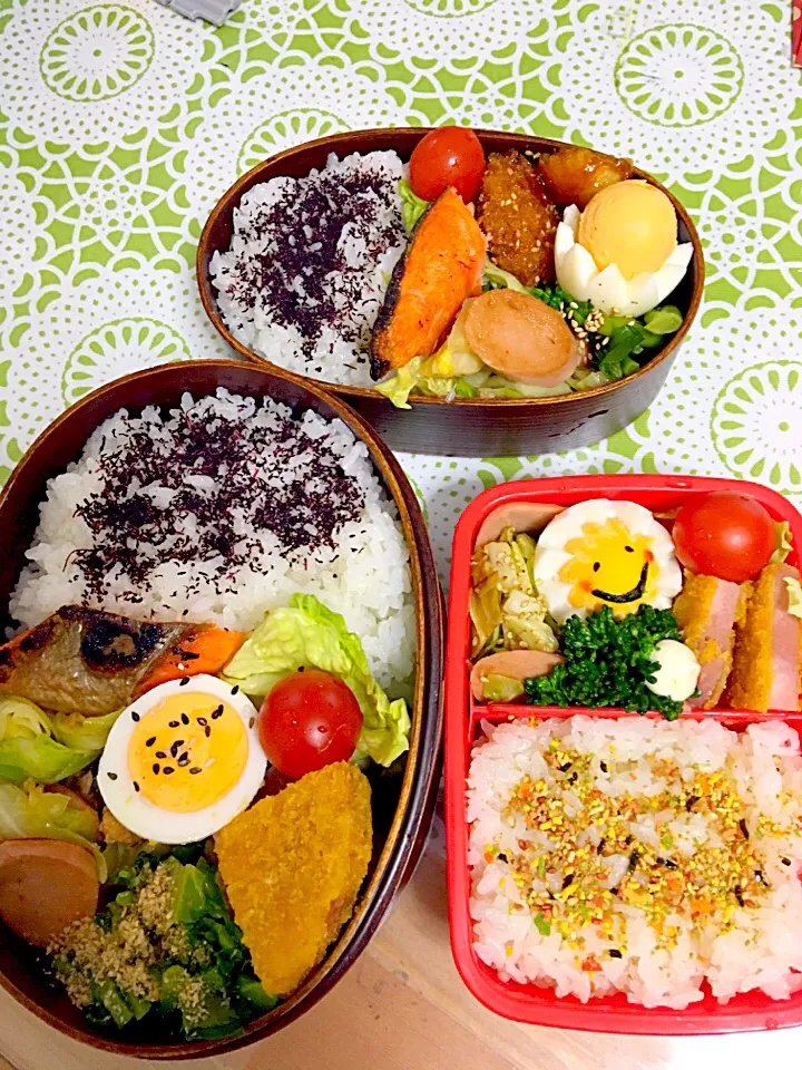 3人分弁当☆
ハムカツ
焼き鮭
野菜炒め
ゆで卵
菜の花のおひたし|かねしろ食堂さん