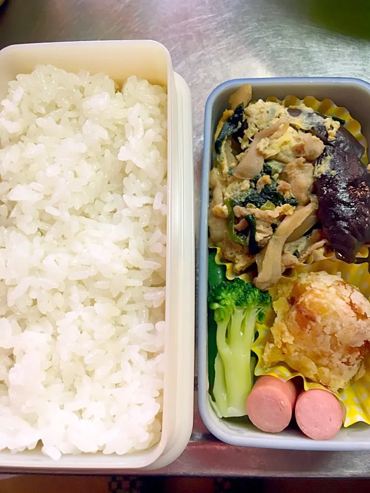 ナスと豚肉と舞茸の卵とじ、さつまいもチーズ揚げ弁当|ももねえさん