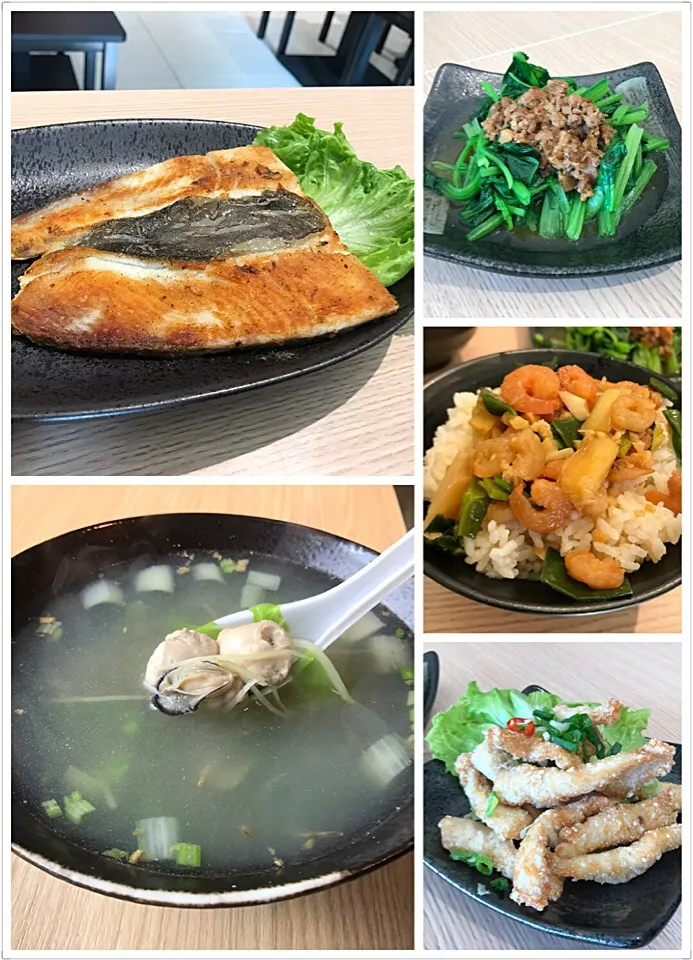 煎虱目魚、蚵仔湯、青菜、蝦仁飯、炸魚柳|Orangeさん