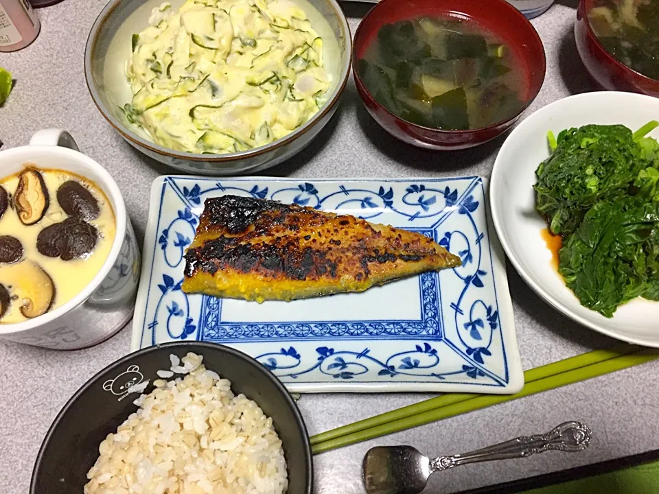 もち麦飯、魚(焼き魚)、茶碗蒸し、里芋ポテトサラダ、かき菜、茄子ワカメ味噌汁、|ms903さん